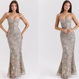 House of CB NAIMA Silver Embellished Beaded Corset Maxi Dress NWOT